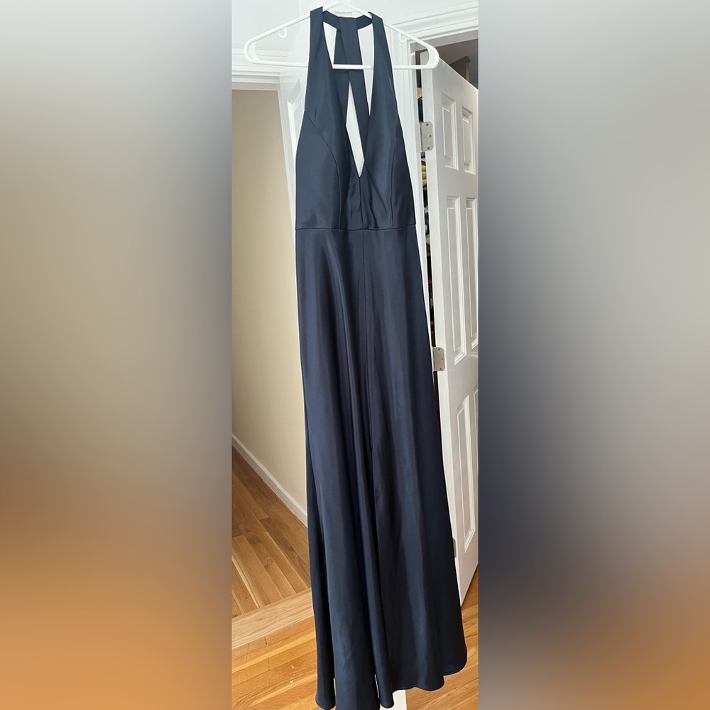 Jenny Yoo Corinne Satin Crepe Halter Back Dress (navy, size 8)